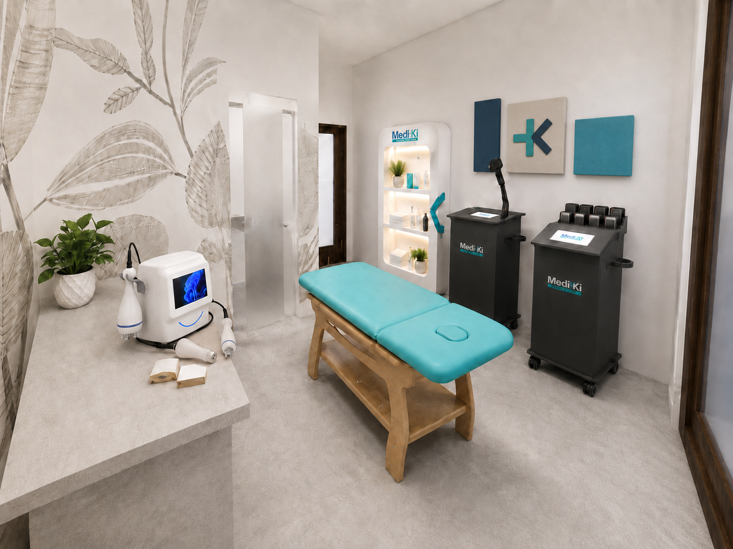 Render del progetto completo di una cabina estetica Mediki con lettino, macchinari ed espositore retroilluminato